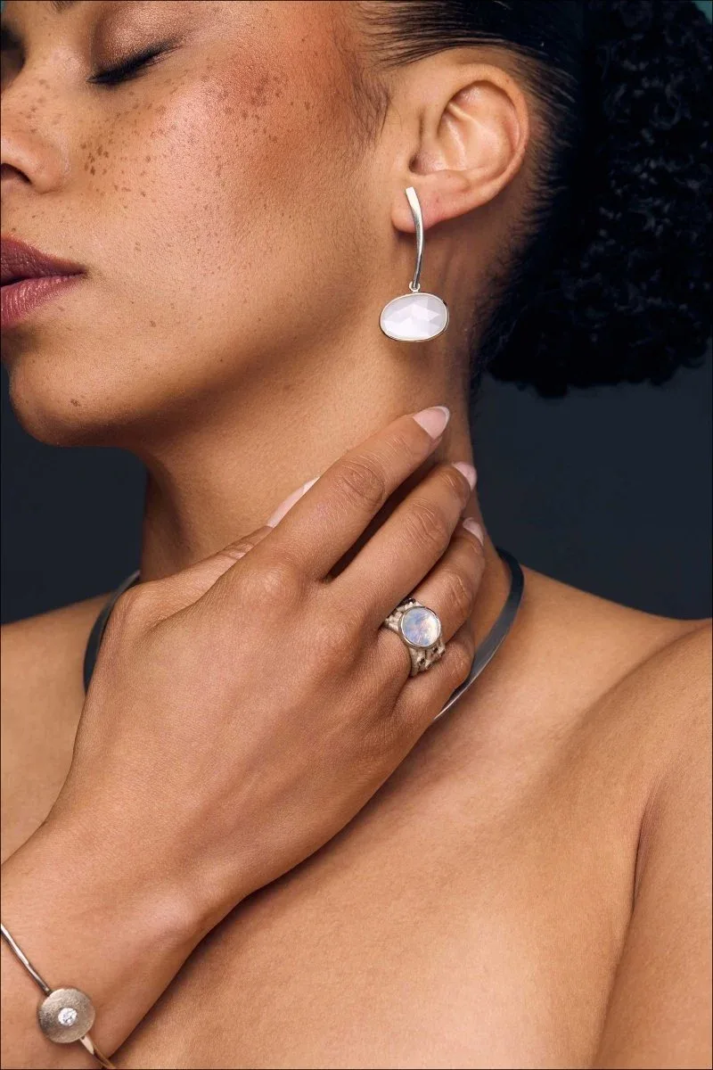 Asymmetrical Rose Cut Moonstone Forged Dangle Earrings 14KW - Image 2