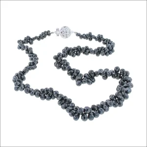 Black Diamond Briolette Bead Strand Necklace with Diamond Filigree Ball Clasp 14KW 18" (Consignment)