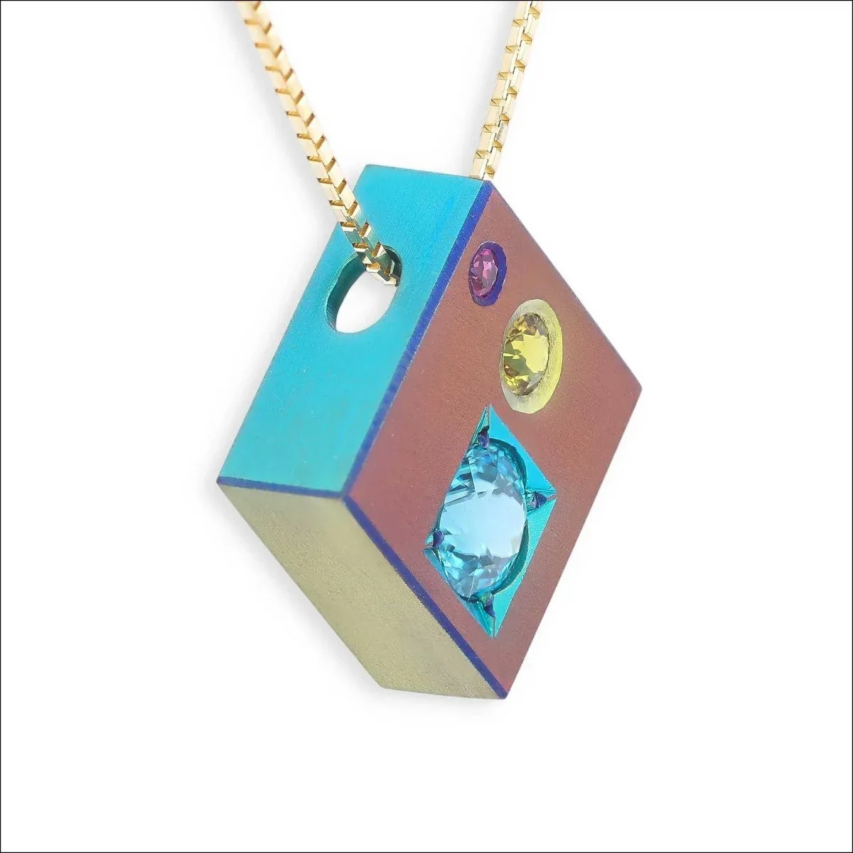 "Cubic Prism" Blue Zircon Pink Sapphire Yellow Sapphire Anodized Niobium Pendant - Image 2