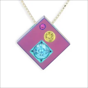 "Cubic Prism" Blue Zircon Pink Sapphire Yellow Sapphire Anodized Niobium Pendant
