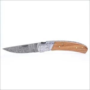 Damascus Steel Folding Knife Hand Engraved Olive Wood Handle