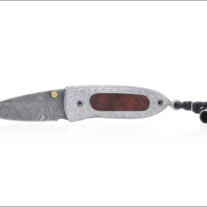Damascus Steel Folding Knife Hand Engraved Tali Wood Inlay Handle
