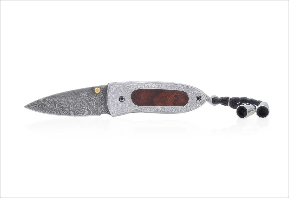 Damascus Steel Folding Knife Hand Engraved Tali Wood Inlay Handle