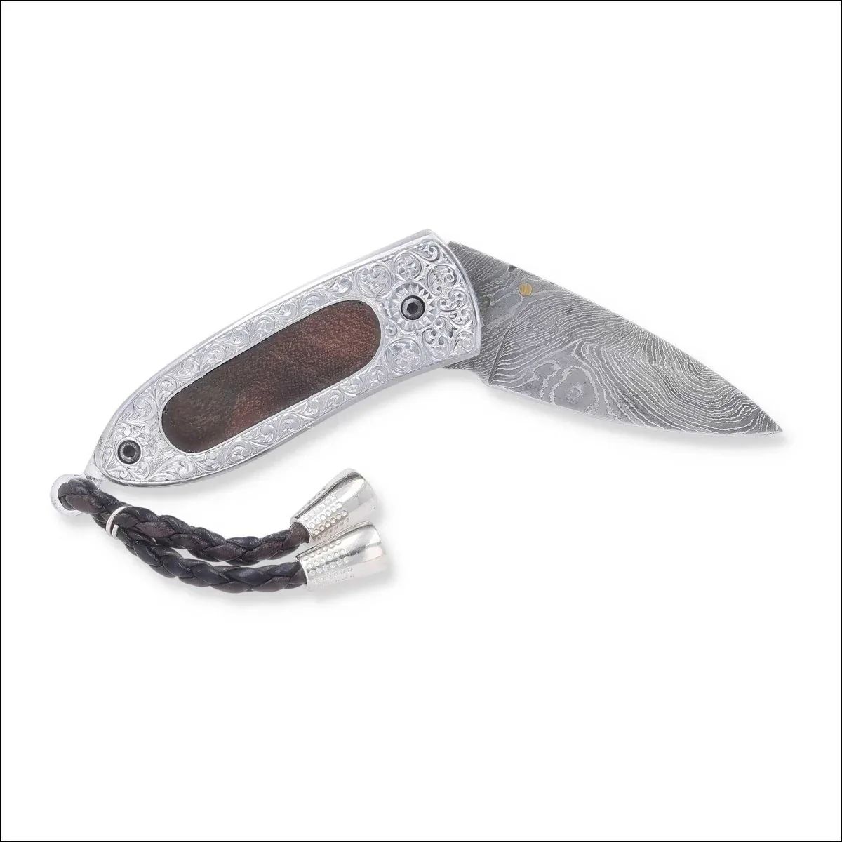 Damascus Steel Folding Knife Hand Engraved Tali Wood Inlay Handle - Image 2