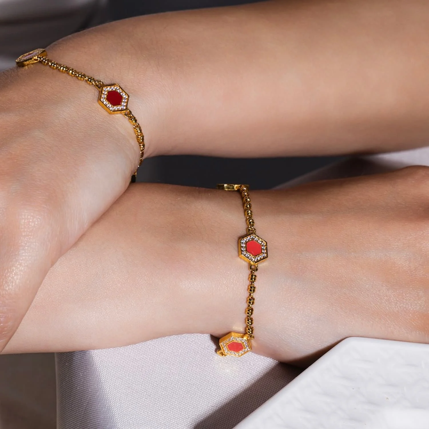 Deco Statement Bracelet in Gold With Red, Coral & Pavé
