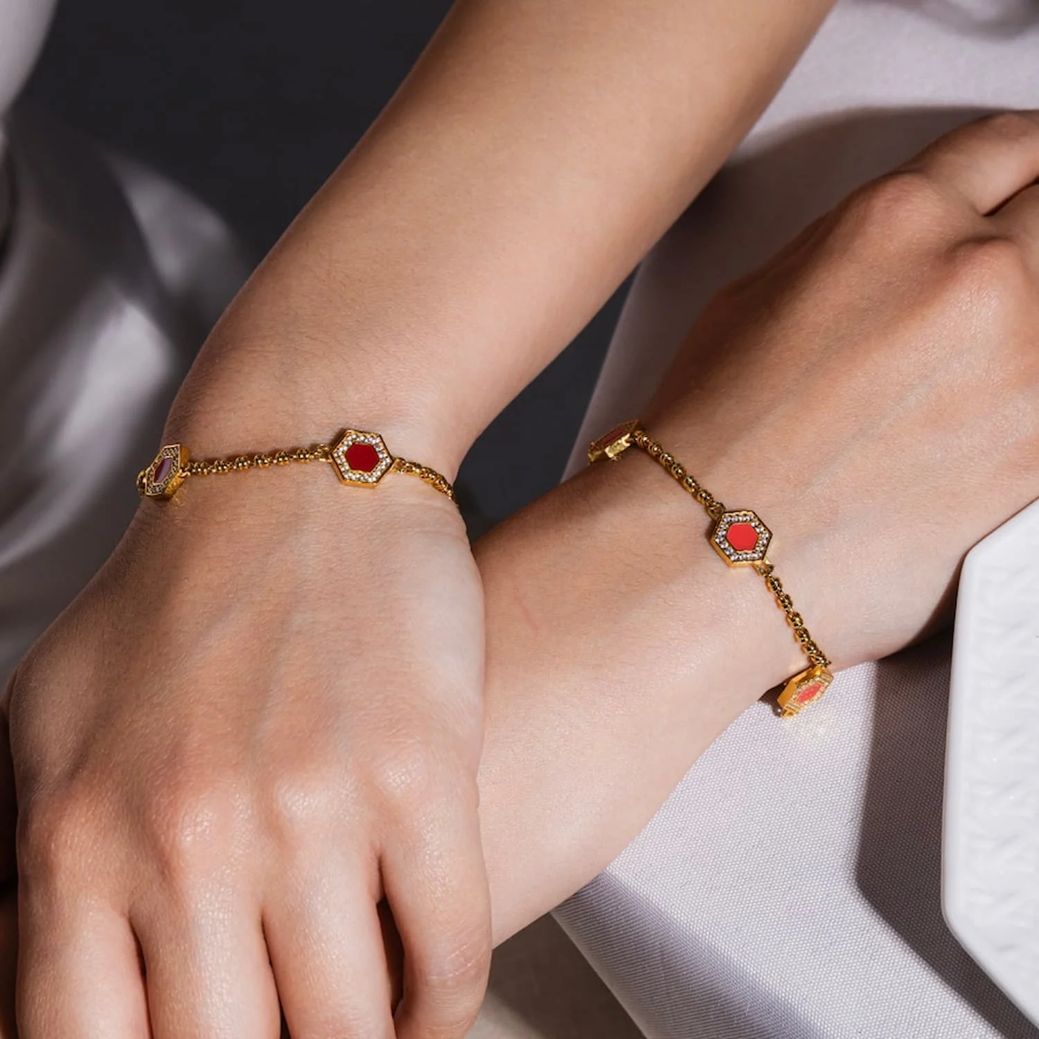 Deco Statement Bracelet in Gold With Red, Coral & Pavé - Image 2