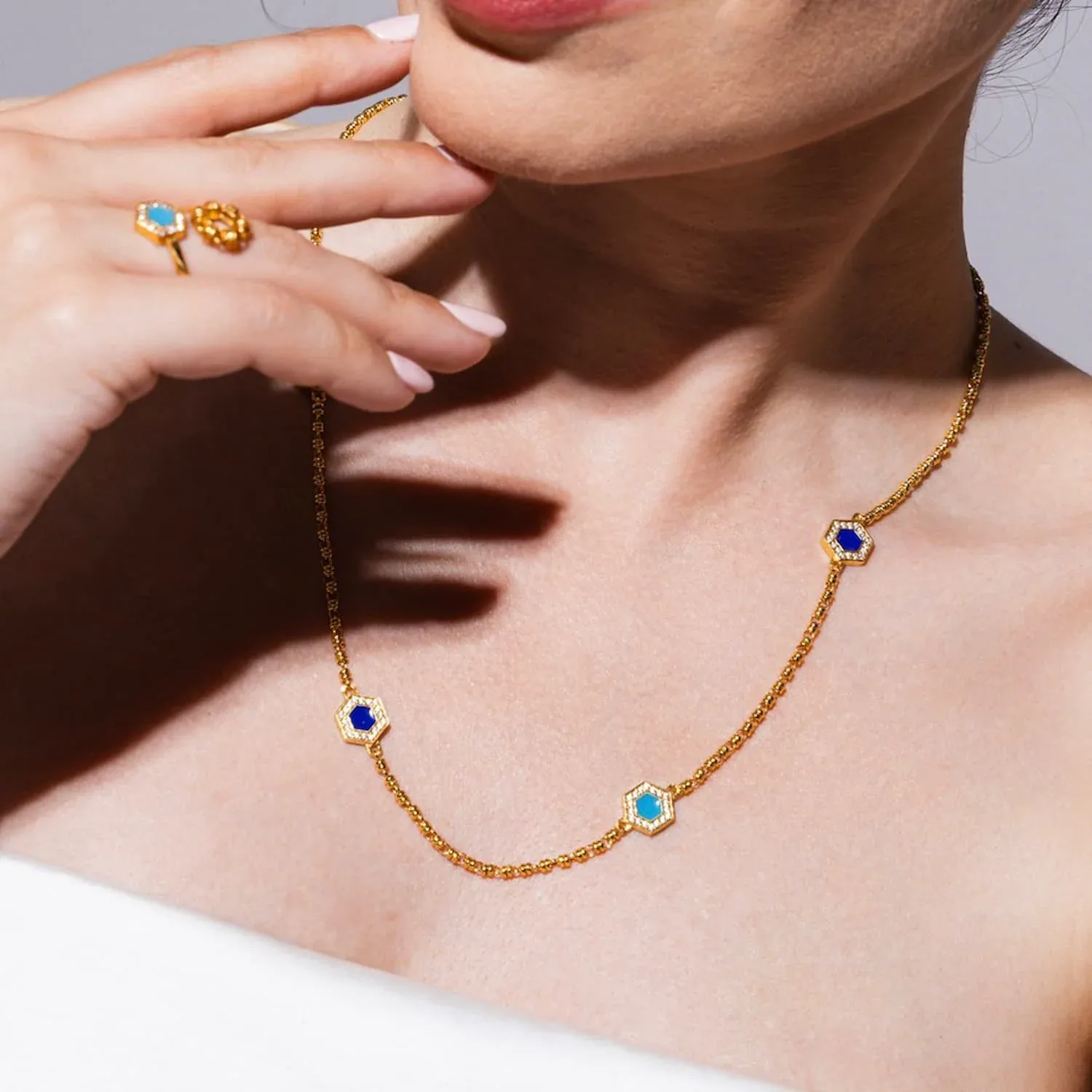 Deco Statement Necklace in Gold With Blue, Turquoise & Pavé - Image 2