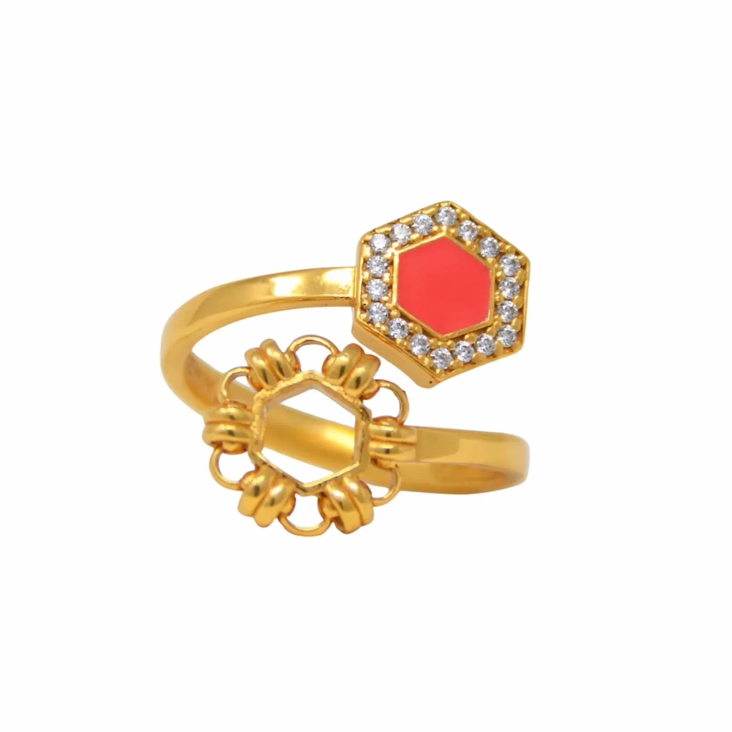 Deco Statement Ring in Gold With Coral & Pavé - Image 2