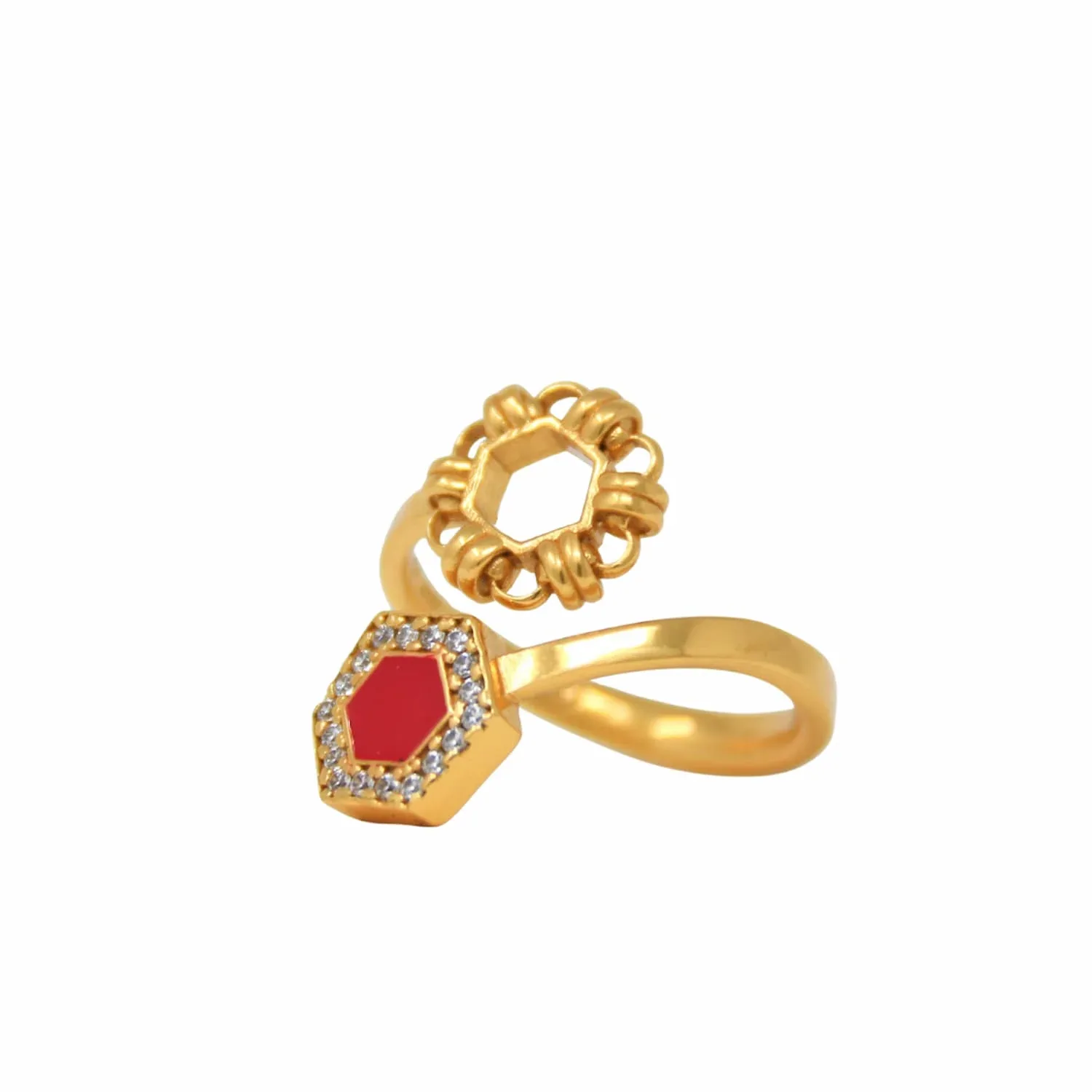 Deco Statement Ring in Gold With Red & Pavé - Image 2