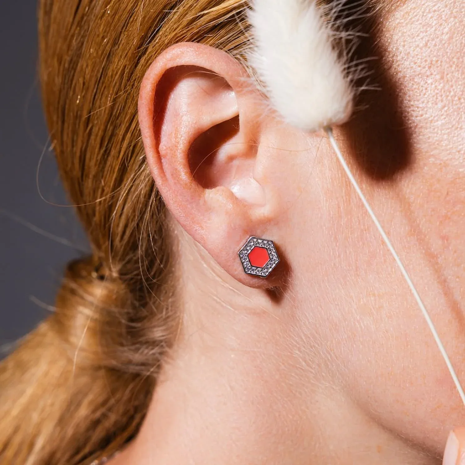 Deco Stud Earrings in Silver With Coral & Pavé - Image 2