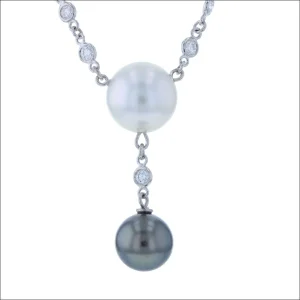 Diamond Link and Pearl Y-Necklace Platinum 18" (Consignment)