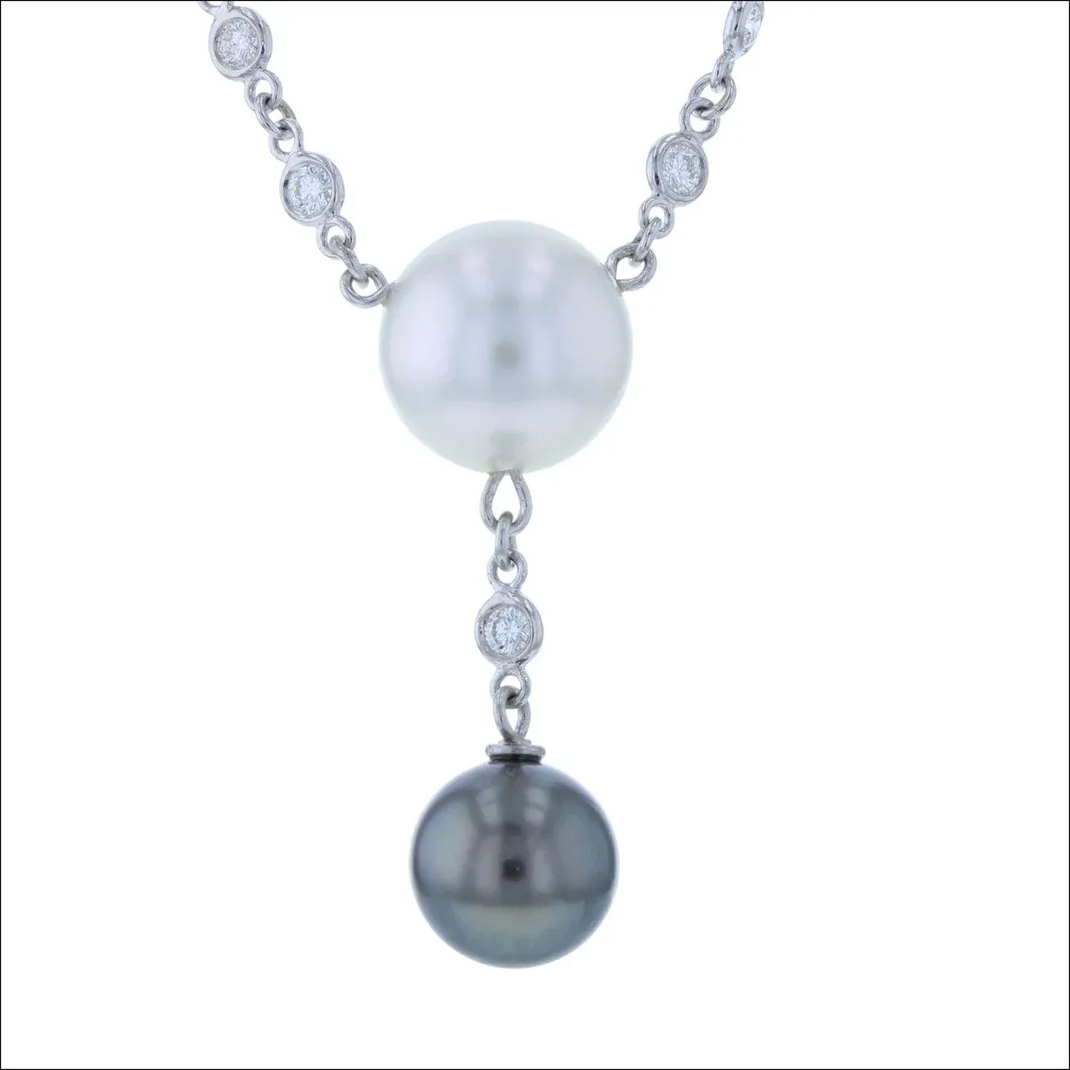Diamond Link and Pearl Y-Necklace Platinum 18" (Consignment)
