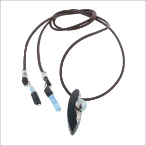 Ebony Pearl Aqua Black Tourmaline Leather Necklace Sterling Silver (Consignment)