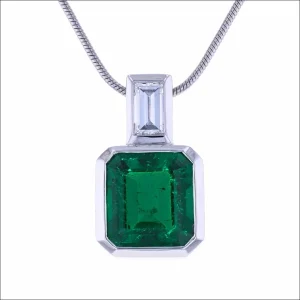 Emerald Cut Emerald and Diamond Baguette Diamond Pendant Platinum (Consignment)