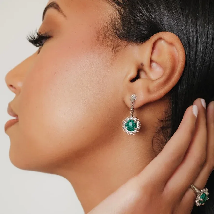 Gemma Earrings in Silver with Malachite - Image 2