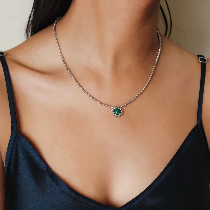 Gemma Necklace in Silver with Malachite