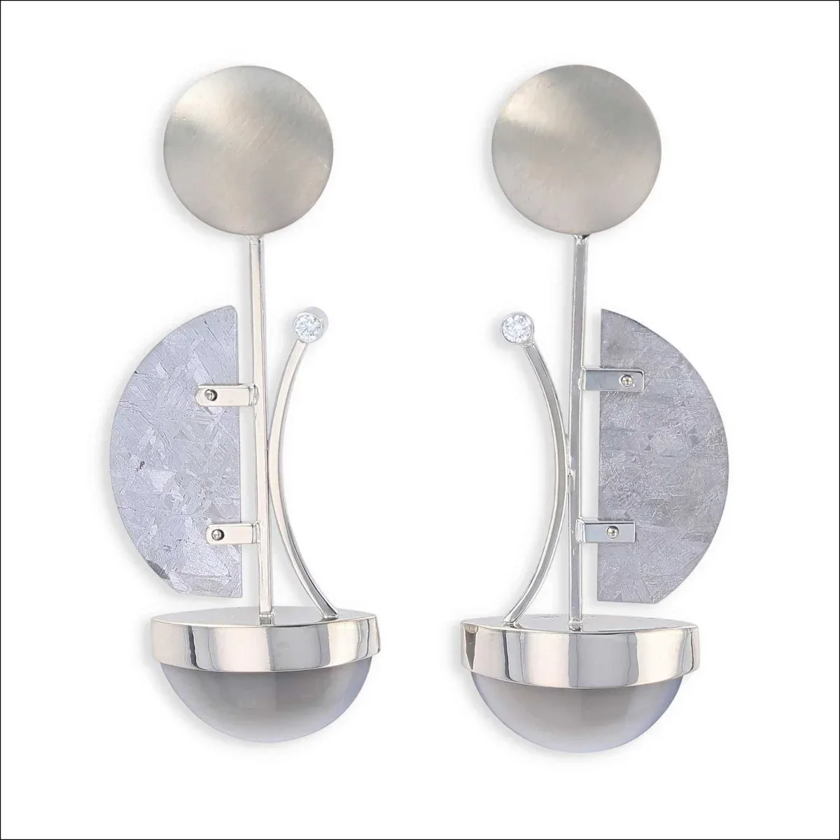 Gray Moonstone Diamond Meteorite Disc Earrings 14KW
