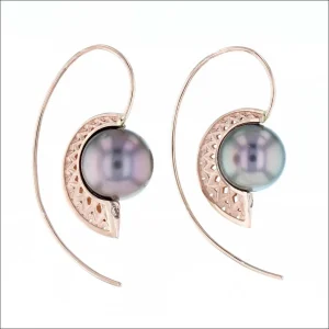 Gray Tahitian Pearl Curved Matrix Wire Earrings 14K Rose