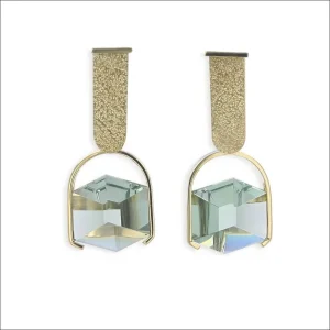 Green Quartz Cube "U" Dangle Earrings 18KY