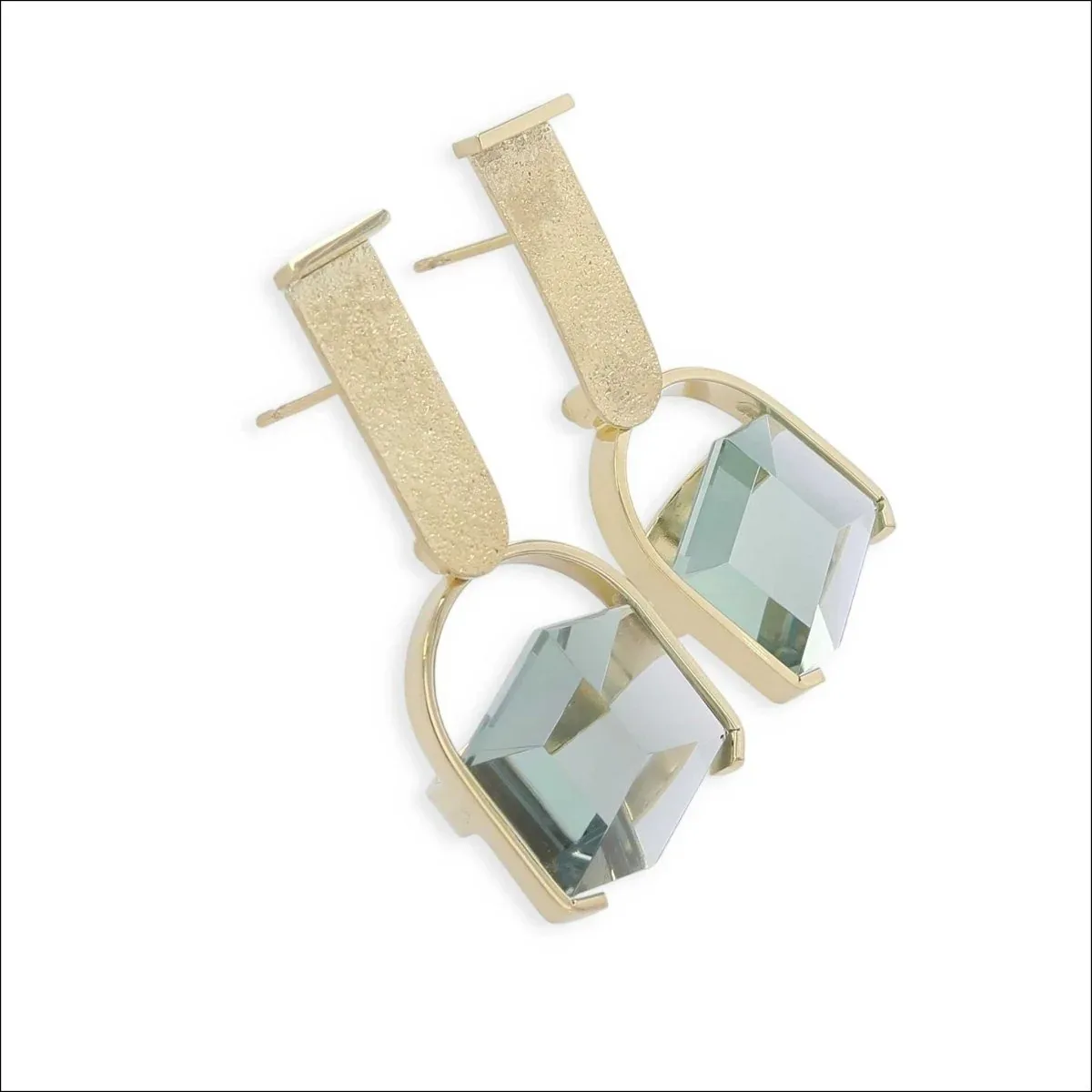 Green Quartz Cube "U" Dangle Earrings 18KY - Image 2