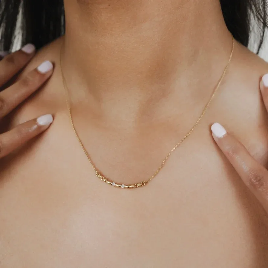 Half Moon Whisper Necklace in 14k Yellow Gold with Diamond Stations