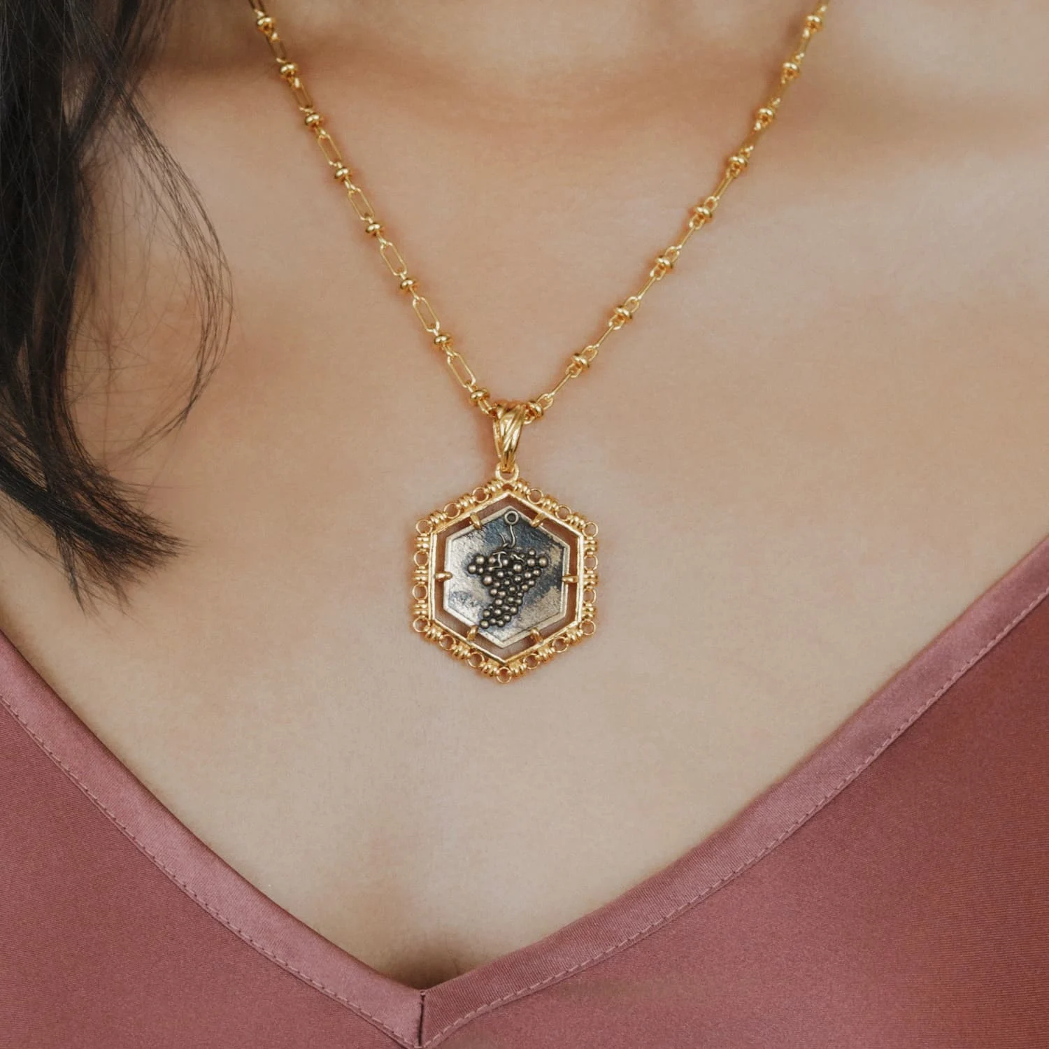 Hexagon Filary Pendant in Gold with Antique Bronze Grape Tile - Image 2
