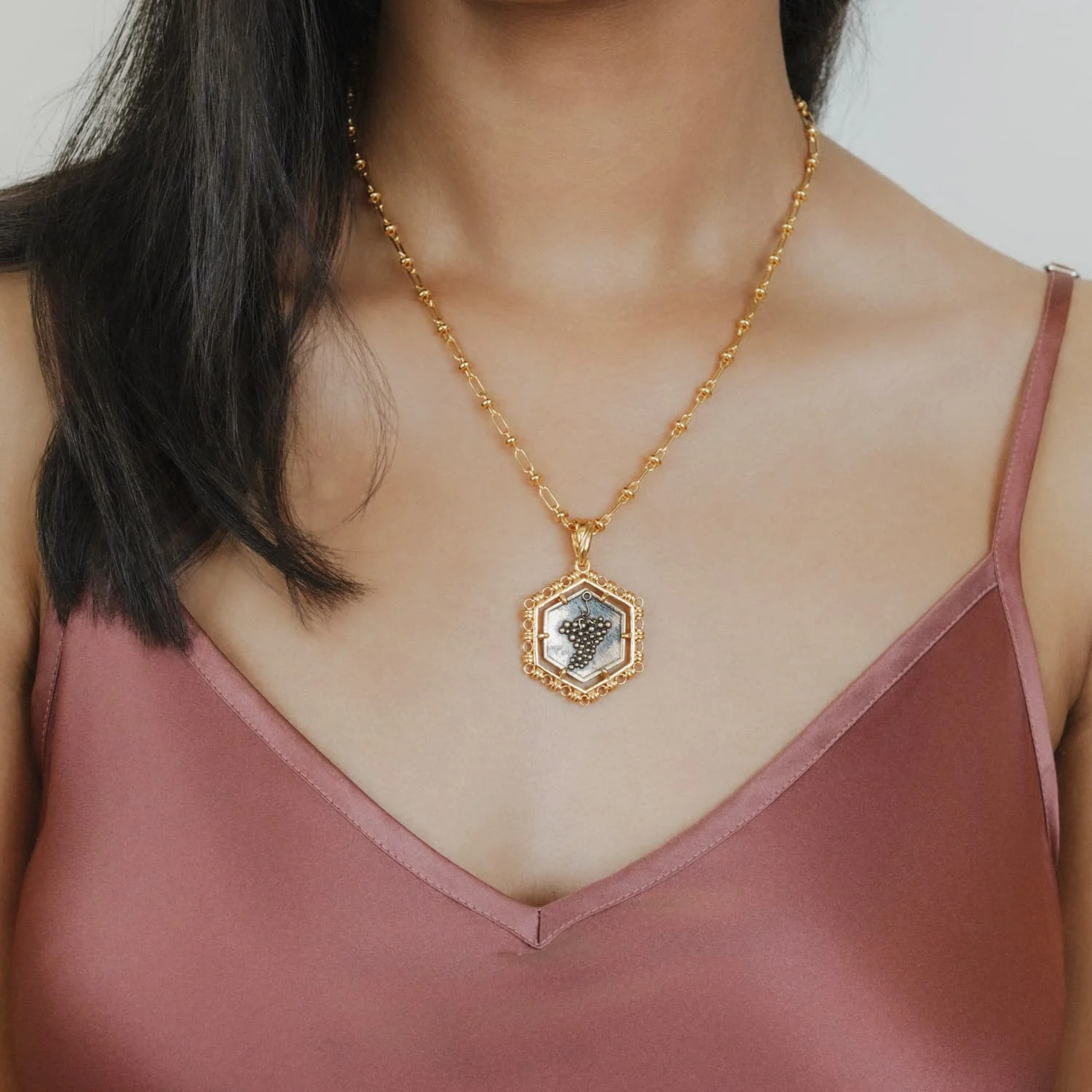 Hexagon Filary Pendant in Gold with Antique Bronze Grape Tile