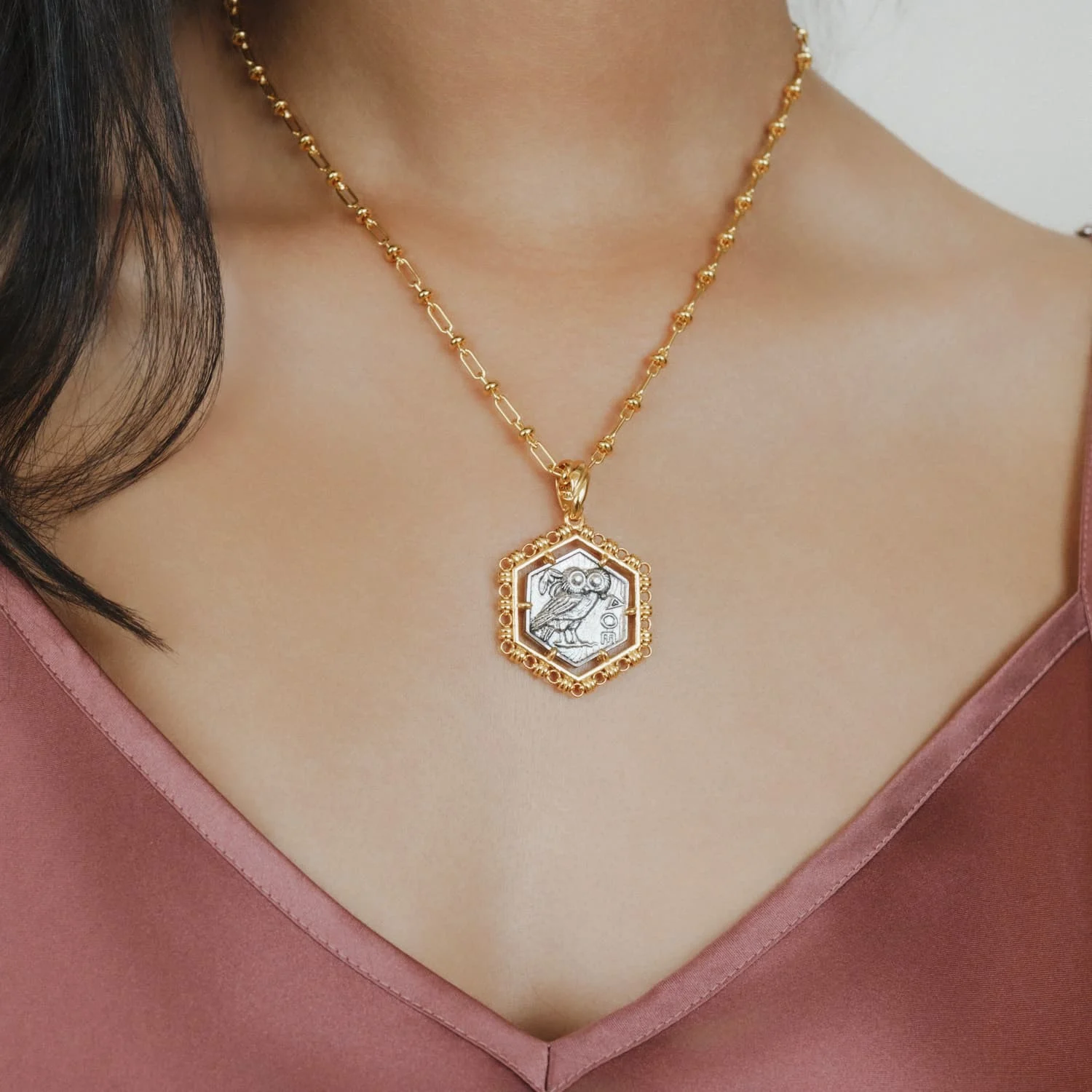 Hexagon Filary Pendant in Gold with Antique Silver Owl Tile