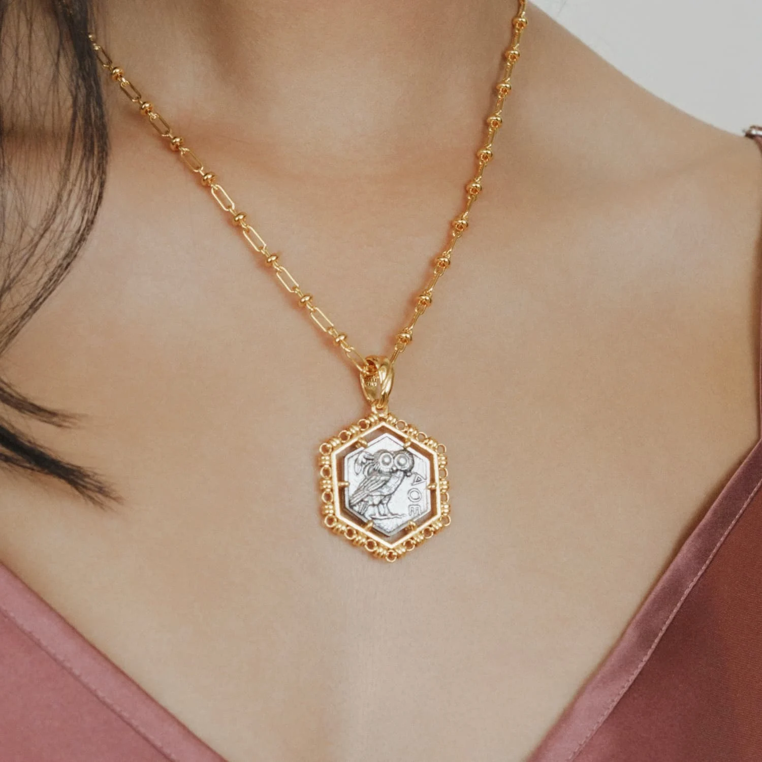 Hexagon Filary Pendant in Gold with Antique Silver Owl Tile - Image 2