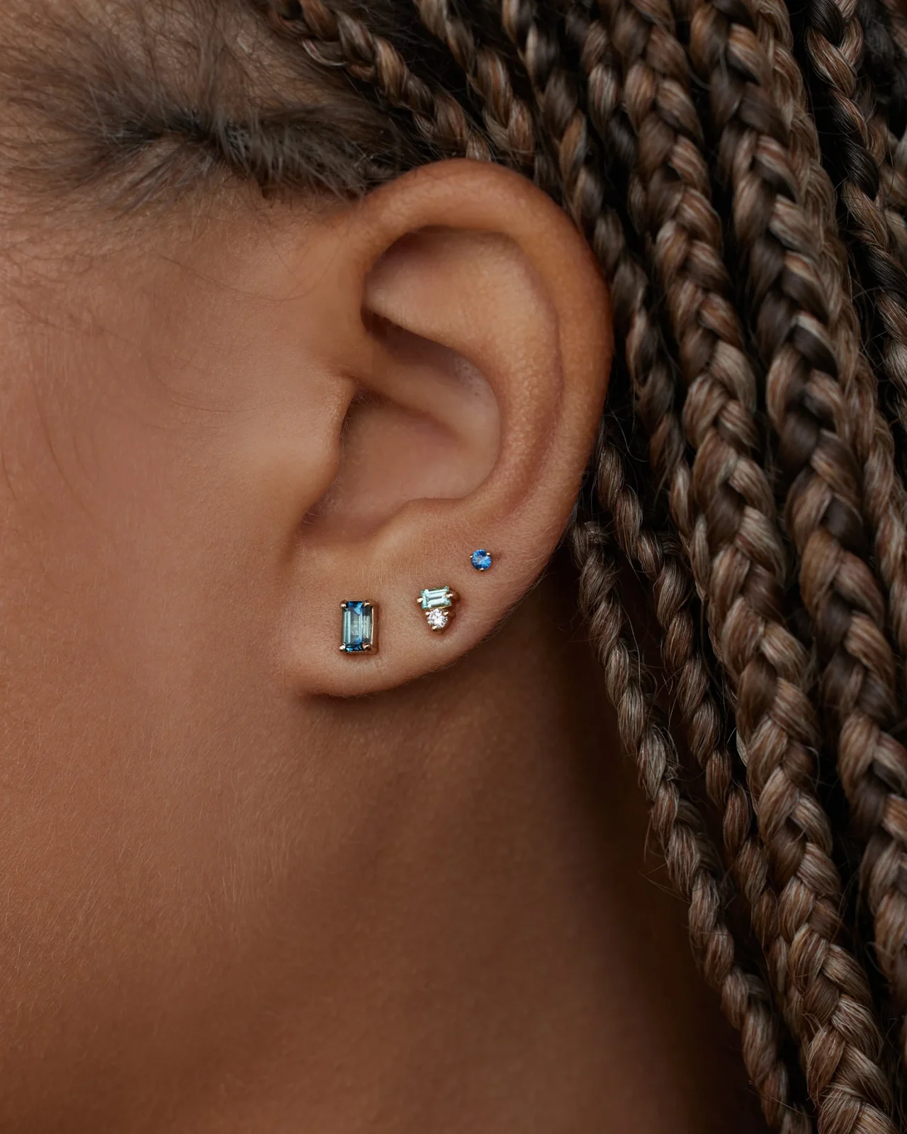 Large Emerald Cut Teal Sapphire Stud Earring - Image 2
