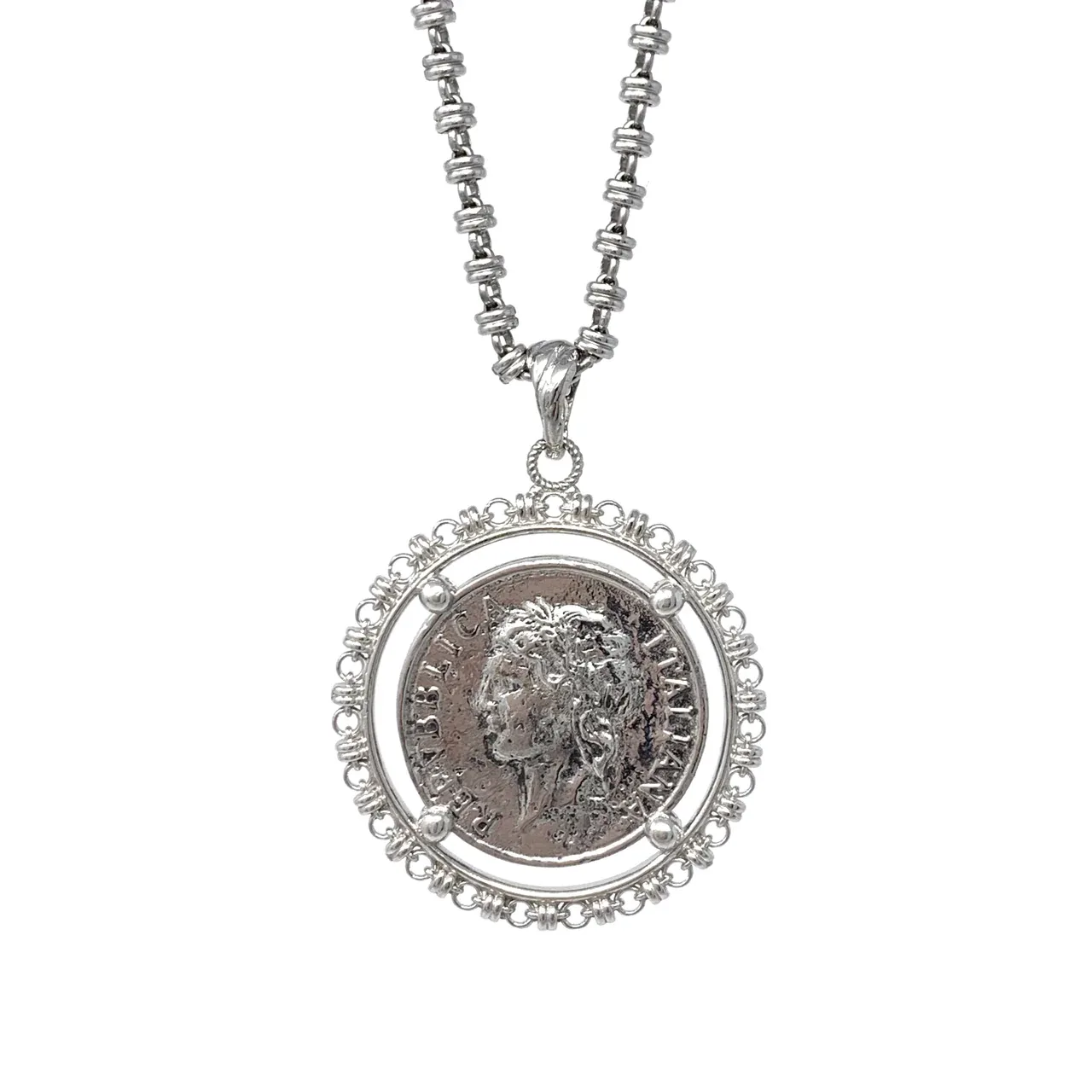 Large Filary Pendant in Silver with Italia Coin in Antique Silver