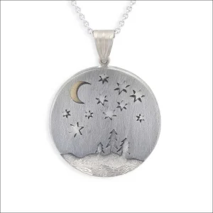 Moon Stars and River Disc Pendant Sterling Silver 18KY 14KW