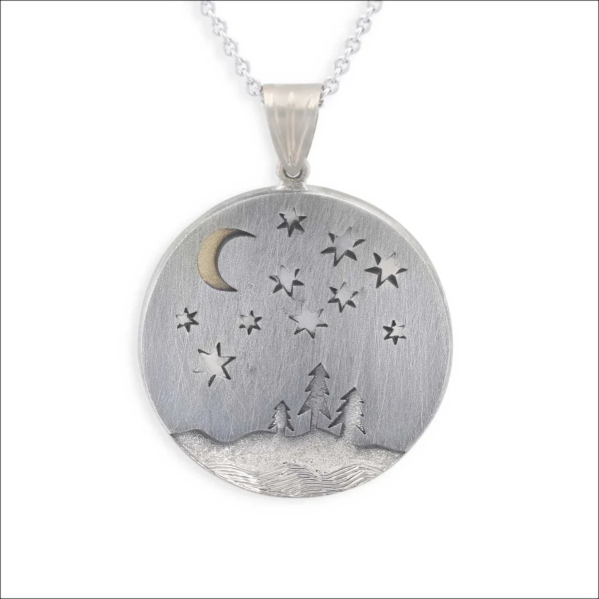 Moon Stars and River Disc Pendant Sterling Silver 18KY 14KW