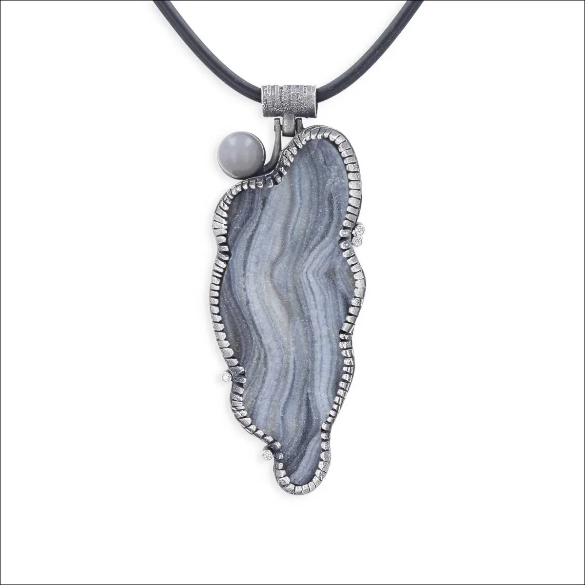 "Moonlit Strata" Conchina Druzy and Moonstone Sphere and DIamond Pendant Sterling Silver