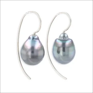 Peacock Gray Tahitian Pearl Wire Earrings 14KW