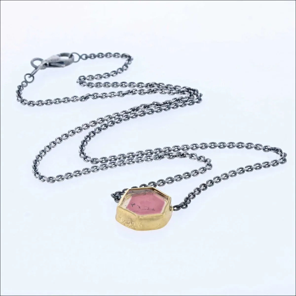 Pink and Tan Tourmaline Slice Necklace 16" Sterling Silver 22KY - Image 2