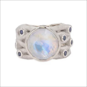 Rose Cut Rainbow Moonstone and Sapphire Bamboo Ring 14KW