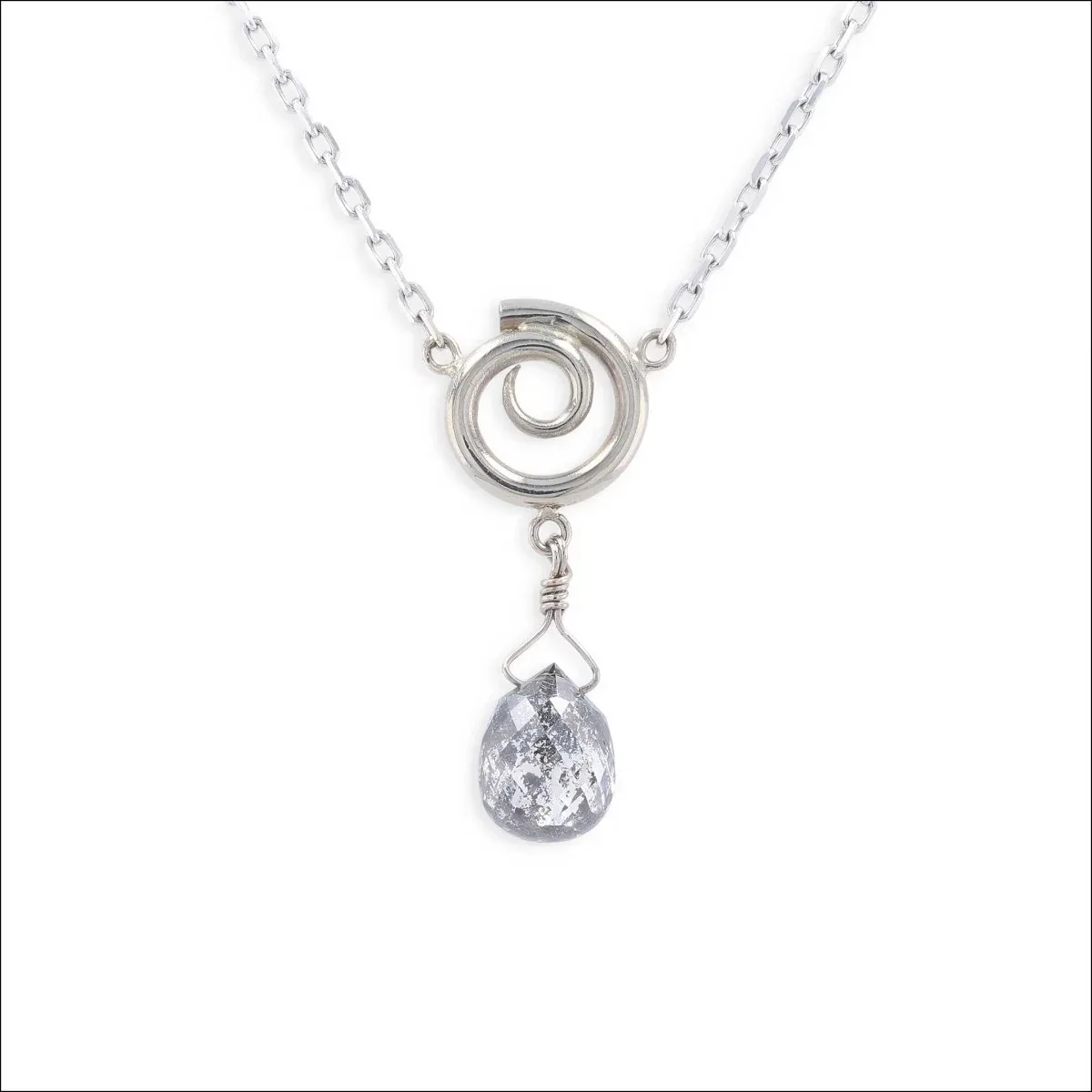 Salt and Pepper Diamond Briolette Spiral Y Necklace 14KW on Cable Chain 17"