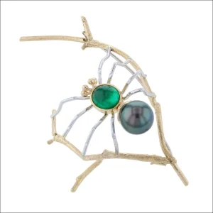 Tahitian Pearl and Emerald Spider Brooch Platinum 18KY (Consignment)