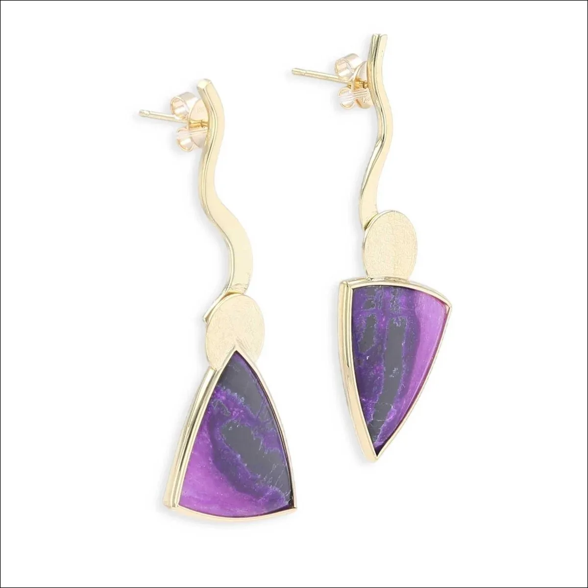 Triangular Sugilite Wavy Bar and Disc Dangle Earrings 18KY - Image 2
