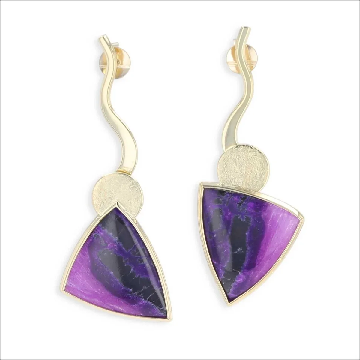Triangular Sugilite Wavy Bar and Disc Dangle Earrings 18KY