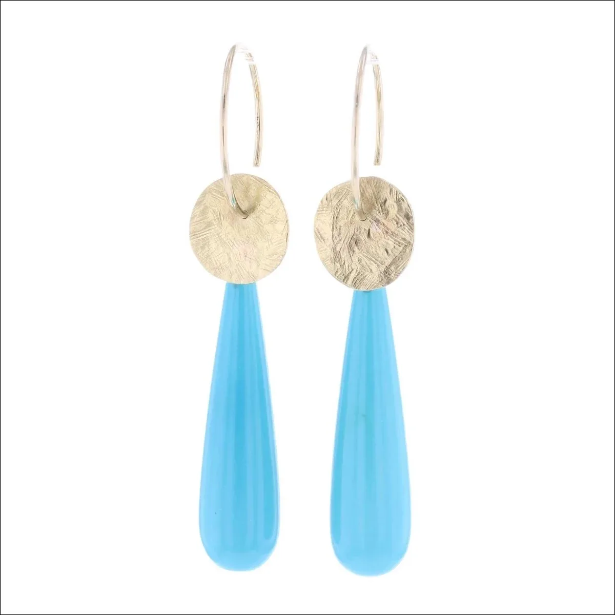 Turquoise Briolette Drop Earrings with Hammered Discs 18KY (Consignment)