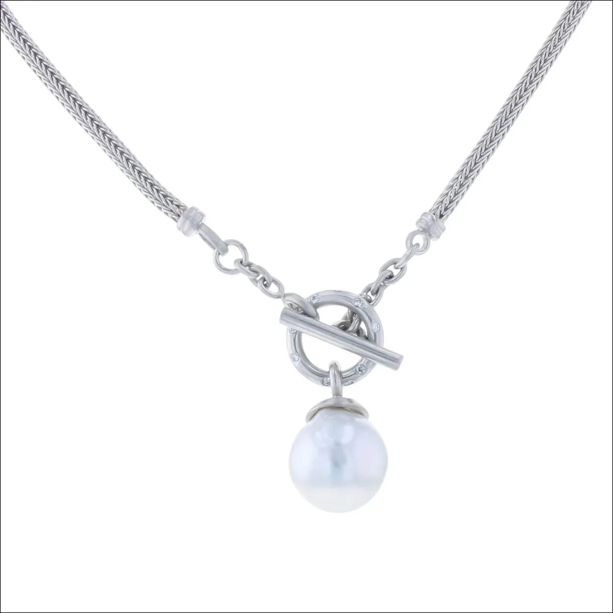 Woven Chain with Diamond Toggle and South Sea Pearl Drop Necklace Platinum 18" (Consignment) - Image 2